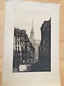 Incisione vintage "Rue Haut Pave" firmata e numerata 1928 - Foto 1 di 6