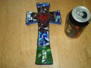 [HANDMADE] CHRISTIAN 3-D CROSS, WALL ART SIGN, STAINED GLASS AFFIX TO WOOD CROSS - Picture 1 of 12