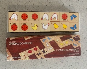 VINTAGE 1985 WOODEN ANIMAL DOMINO SET, DOUBLE 6, 28 PIECE SET WITH BOX - Picture 1 of 6