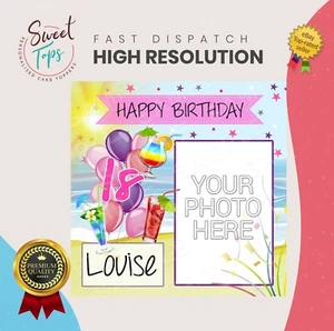 BIRTHDAY COCKTAILS EDIBLE SQUARE BIRTHDAY CAKE TOPPER DECORATION PERSONALISED - Picture 1 of 1