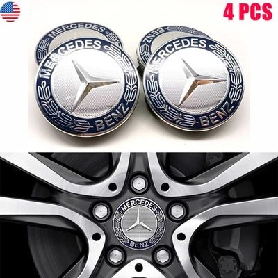 4pcs Wheel Centre Hub Caps Blue Wreath Fit For Mercedes Benz C E S GLK GLC 75mm  - Изображение 1 из 4