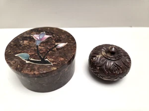 Stone Inlaid and Carved Round w/Lid Trinket Box Made India Jewelry Storage Lot 2 - Picture 1 of 18