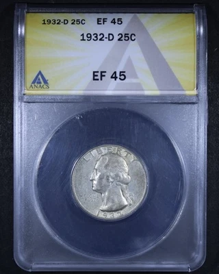Cuarto Washington 1932-D - 25c ANACS XF45 - ¡Fecha clave! Foto 1 de 4