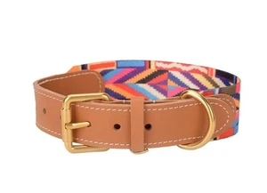 Mino Hundehalsband Echtleder und bunter Webgürtel gefertigt, verstellbare Schnalle, - Bild 1 von 2