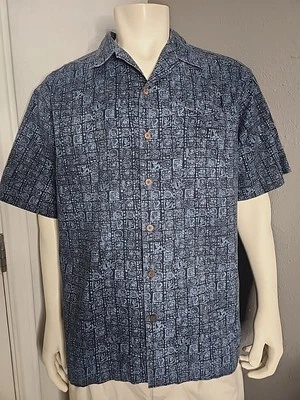 LL Bean Open Collar Cuban Button Up Shirt Tribal Hawaiian Blue Navy Vintage L - Image 1 of 4