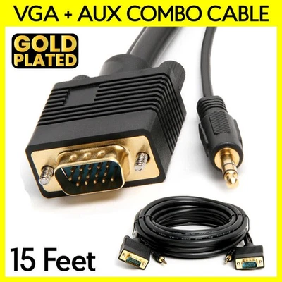 15 Feet VGA Cable with AUX SVGA + 3.5mm Monitor Cord Super VGA Audio Video Cable - Image 1 of 3