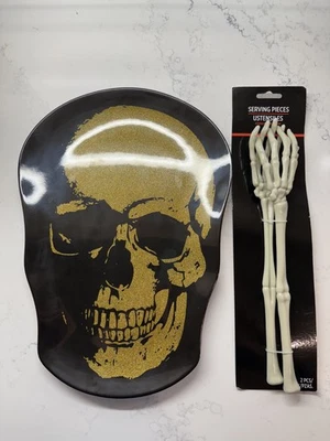 Plato de fiesta con calavera dorada de 15" con esqueleto manos utensilios para servir nuevo con etiquetas Foto 1 de 4