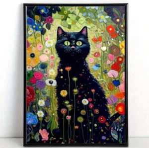 Art Canvas. Black Cat in Flowers. Gustov Klimt. 15 x 24" Frameless - Picture 1 of 2