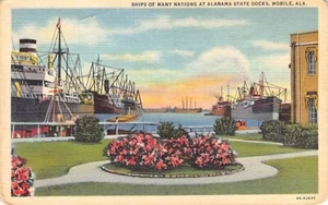 Postcard AL: Ships, Alabama State Docks, Mobile, Alabama, Vintage Linen, Unused - Picture 1 of 2