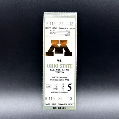 OHIO STATE VS MINNESOTA NCAA FOOTBALL FULL TICKET, NOV 9 1991 METRODOME - Image 1 of 2
