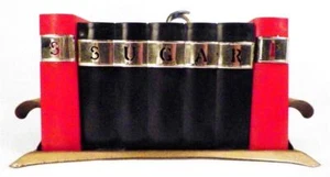 Salt & Pepper Shakers Sugar Bowl Row of Books Metal Tray Retro Plastic Red Blue - Picture 1 of 6
