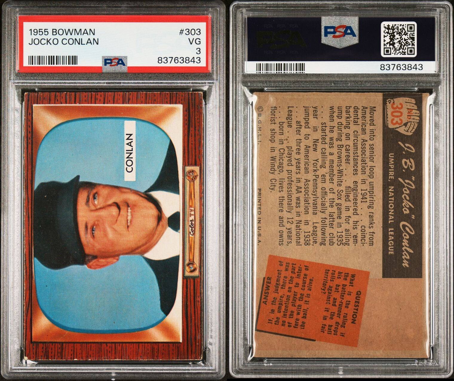 1955 BOWMAN #303 JOCKO CONLAN HOF (PSA 3 VG) **FRESHLY GRADED**