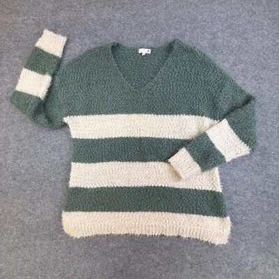 SO Suéter Mujer Grande Verde Blanco Rayas Difuso Suave Acogedor Pullover Cuello en V Foto 1 de 4