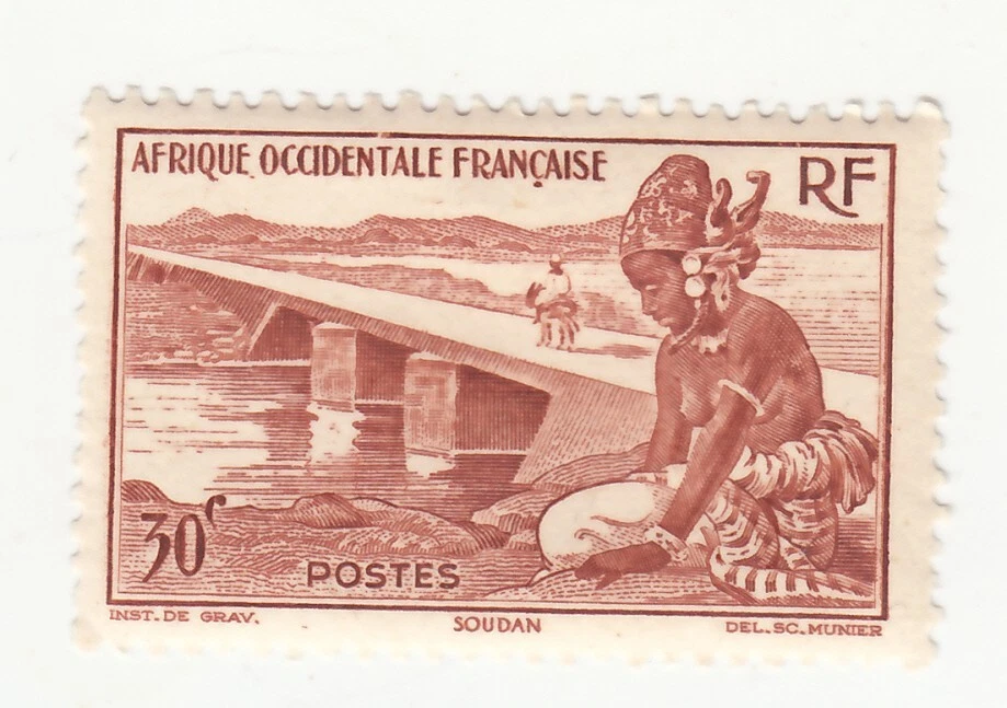 French West Africa 1947. Sudan. Native Woman. Roadway in Bamako. Bridge. 30c MNH - Image 1 of 1