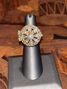 Vintage Costume Solid Perfume Ring Gold Tone Turquoise Stones Adjustable - Picture 1 of 10