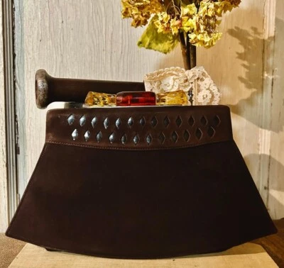Bolso de Mano ART DECO Marrón Gamuza con Jugo de Manzana Baquelita Bloqueo de Beso-IMPRESIONANTE Foto 1 de 4