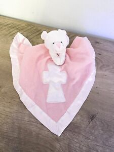Baby Boom Pink White Angel Bear Satin Cross Christian Security Blanket Lovey 18"