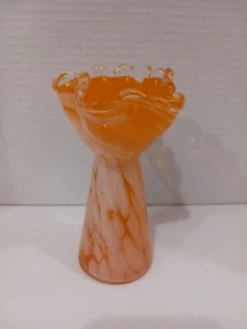Art Glass Vase Orange and White Swirls 6" - Picture 1 of 6