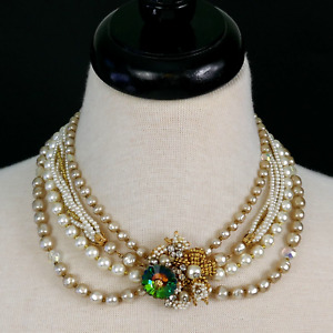 VINTAGE MULTI-STRAND PEARL AB GREEN RIVOLI CRYSTAL WIRED CLASP BEAD NECKLACE