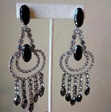 Gorgeous Black Glass With Crystal Rhinestone Cluster Chandelier Dangling Earring