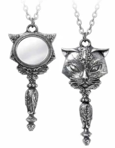 Alchemy Gothic 21" Heavyweight 'Sacred Cat Vanitas' Pewter Hand Mirror Pendant - Picture 1 of 5