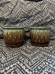 Pair Of Drip Glaze Terra Cotta Medium Planters With Base Green Brown - Picture 1 of 8