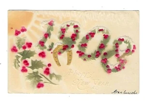 1908 Postal de Año Nuevo Sol Brillando en una Horeshoe de la Suerte con Bayas Sagradas - Imagen 1 de 2