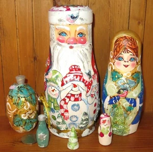 Santa Father Christmas Russian 6 nesting dolls Snow Maiden Snowman MAMAYEVA OOAK - Picture 1 of 12