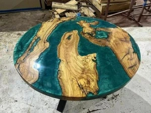 Green Epoxy Wooden Round Center Sofa Table Top, Live Edge Table Top, Home decor - Picture 1 of 9