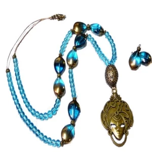 Necklace and earrings, Aqua Blue Carnivale mask charm, clip on or pierced - Bild 1 von 4