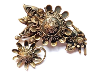 Vintage .925 Sterling Silber große verzierte Brosche mit drei Blumen Blättern - Bild 1 von 7