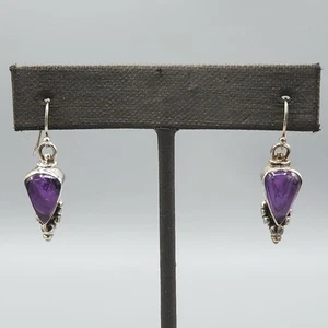 Pendientes de gancho colgantes artesanales de plata de ley con lágrima de amatista natural 1,2 g - Imagen 1 de 12
