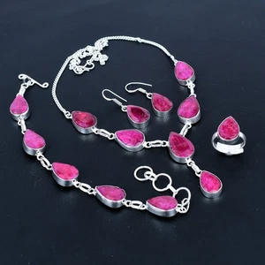 Kashmiri Ruby Pear Gemstone Handmade 925 Sterling Silver Gift Jewelry Set VJ 918 - Picture 1 of 4