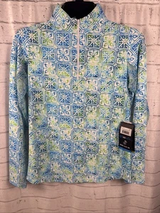IBKUL Mock Neck Top Turquoise Lime Blue Long Sleeve 1/4 Zip Shirt Women Size XS - Picture 1 of 5