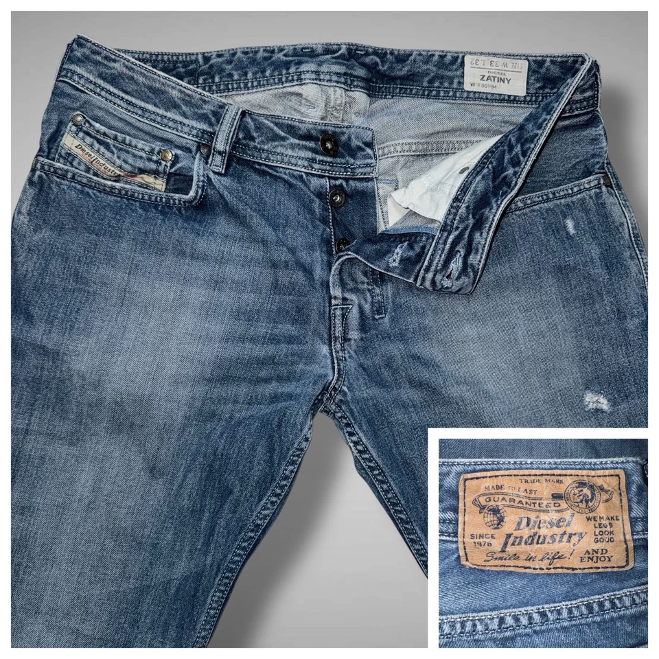 Jeans masculino Diesel Zatiny 33x32 008B4 azul desgastado denim botão mosca lavagem média - Imagem 1 de 4