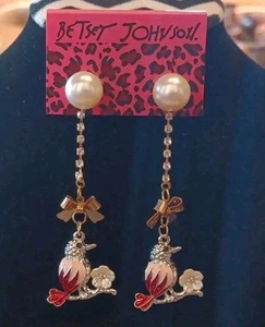 Beautiful Betsey Johnson Bird,Bow,Pearl & Rhinestones 2 In 1 Long Drop Earrings - Picture 1 of 11