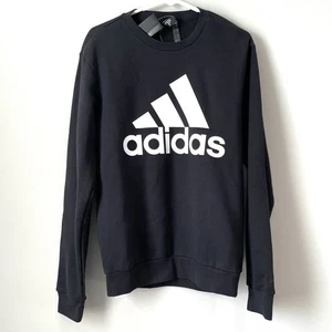 Adidas Men Big LOGO Fleece Crew Sweatshirt Black White Size Small NEW - Picture 1 of 6