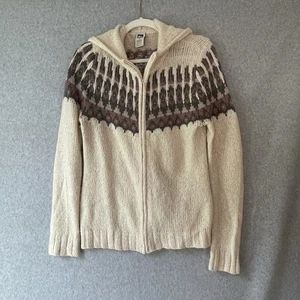 REI Womens Wool Long Sleeve Full Zip FAIR ISLE Cardigan Hoodie Ivory Sweater Med - Picture 1 of 8