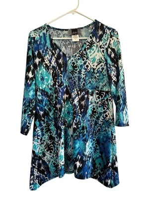 Slinky Brand Tropical Tunic Blouse Womens Small Blue Abstract Summer Top - Image 1 of 4