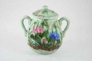 VINTAGE CHINESE CERAMIC GLAZED CELADON GREEN HAND PAINTED LIDDED JAR - Bild 1 von 8