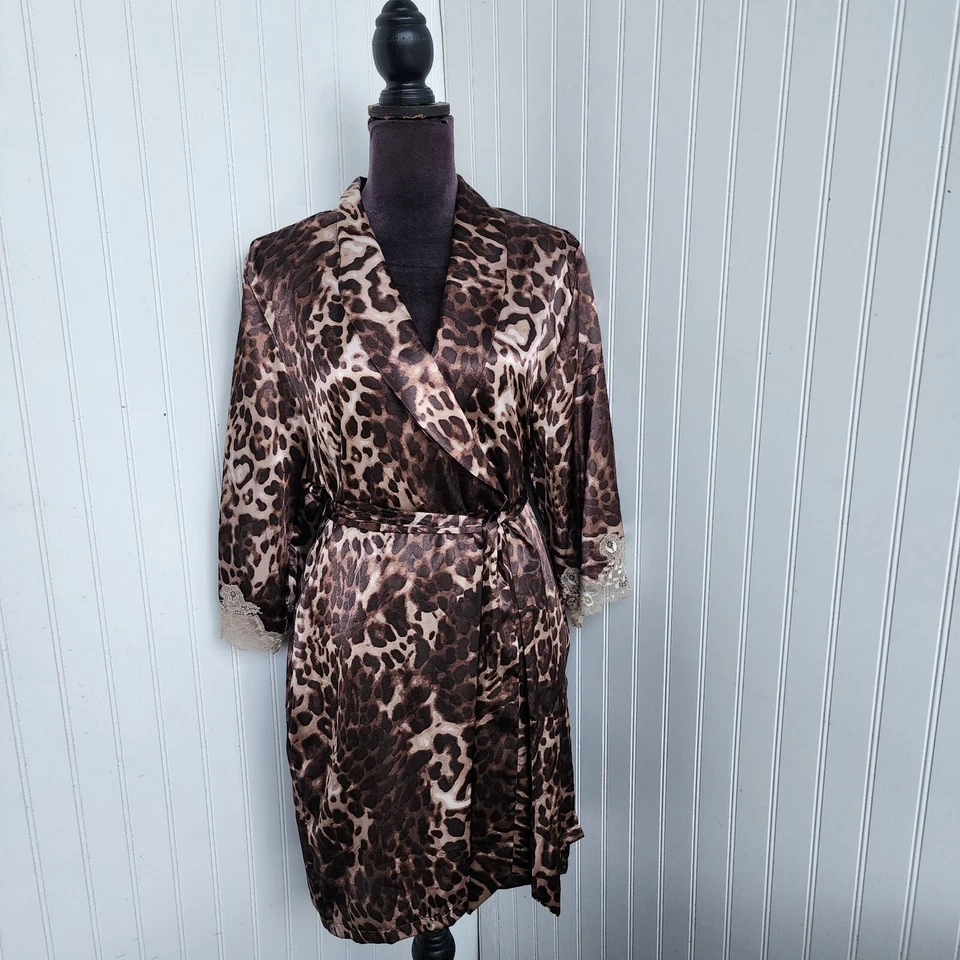 Jones New York Satinado Marrón Negro Guepardo Leopardo Bata Kinomo Manga de Encaje S/M Foto 1 de 4