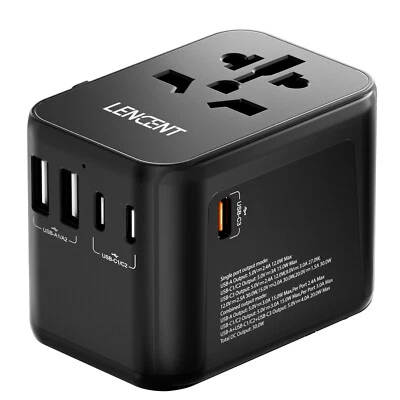 Adaptador de Viaje Universal LENCENT 30W Adaptador de Enchufe Internacional 2 USB C 3 Tipo C Foto 1 de 4
