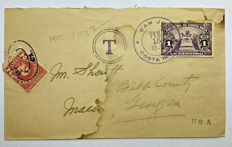 1939 SAN JUAN COSTA RICA COVER TO MACON GEORGIA WITH POSTAGE DUE 2 CENTS Cover