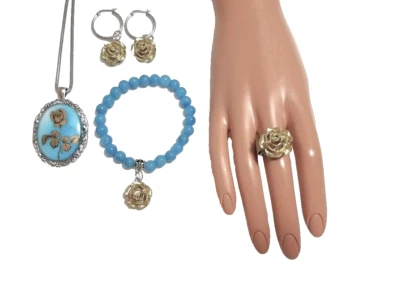 Pendientes colgantes vintage de oro rosa sobre turquesa pulsera y anillo de cuentas Larimar Foto 1 de 4