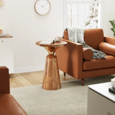 Luxury Round Pedestal Side End Table Coffee Table,  Gold+Honey wood - Image 1 of 4