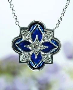 Collana Art Deco Henry vuota vecchio diamante europeo oro 14 carati platino smalto blu - Foto 1 di 6