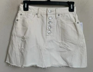 Free People Skirt Denim Worn White Fringe Hem Button Close Pockets Size 24 NEW - Picture 1 of 7