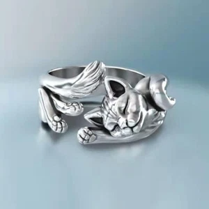 Stretching Cat Cute Ring,  Silver Animal, Pet Lover Ring Adjustable Size - Picture 1 of 6