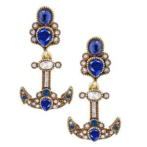 New $95 HEIDI DAUS Nautical Anchor Earrings Blue Clear Crystals Omega Backs