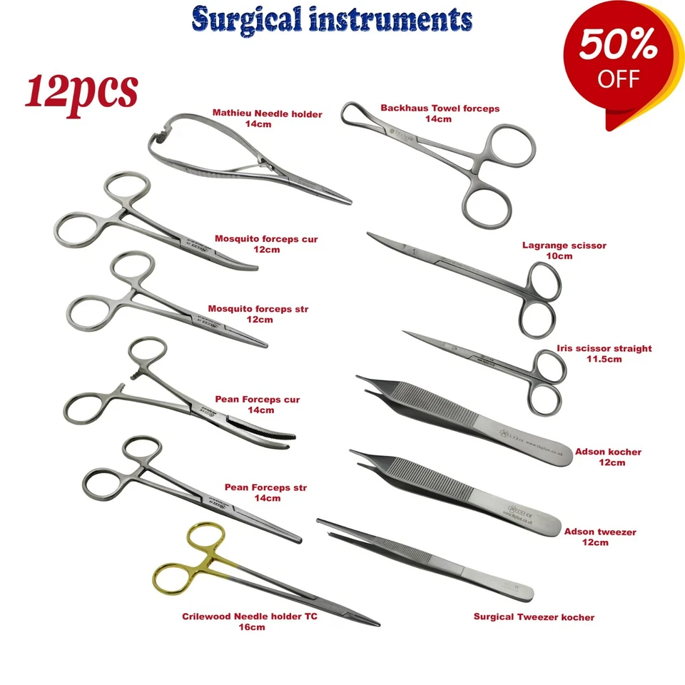 12 pcs Chirurgie instrumente Nadelhalter Hämostatisch Zangen Schere KIT - Bild 1 von 1